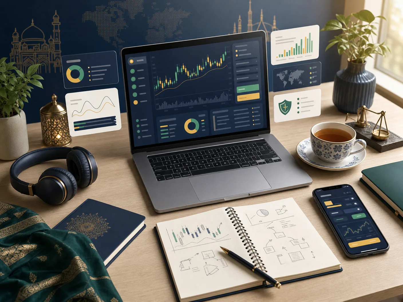 Learning workspace with laptop, chart cards and notebook